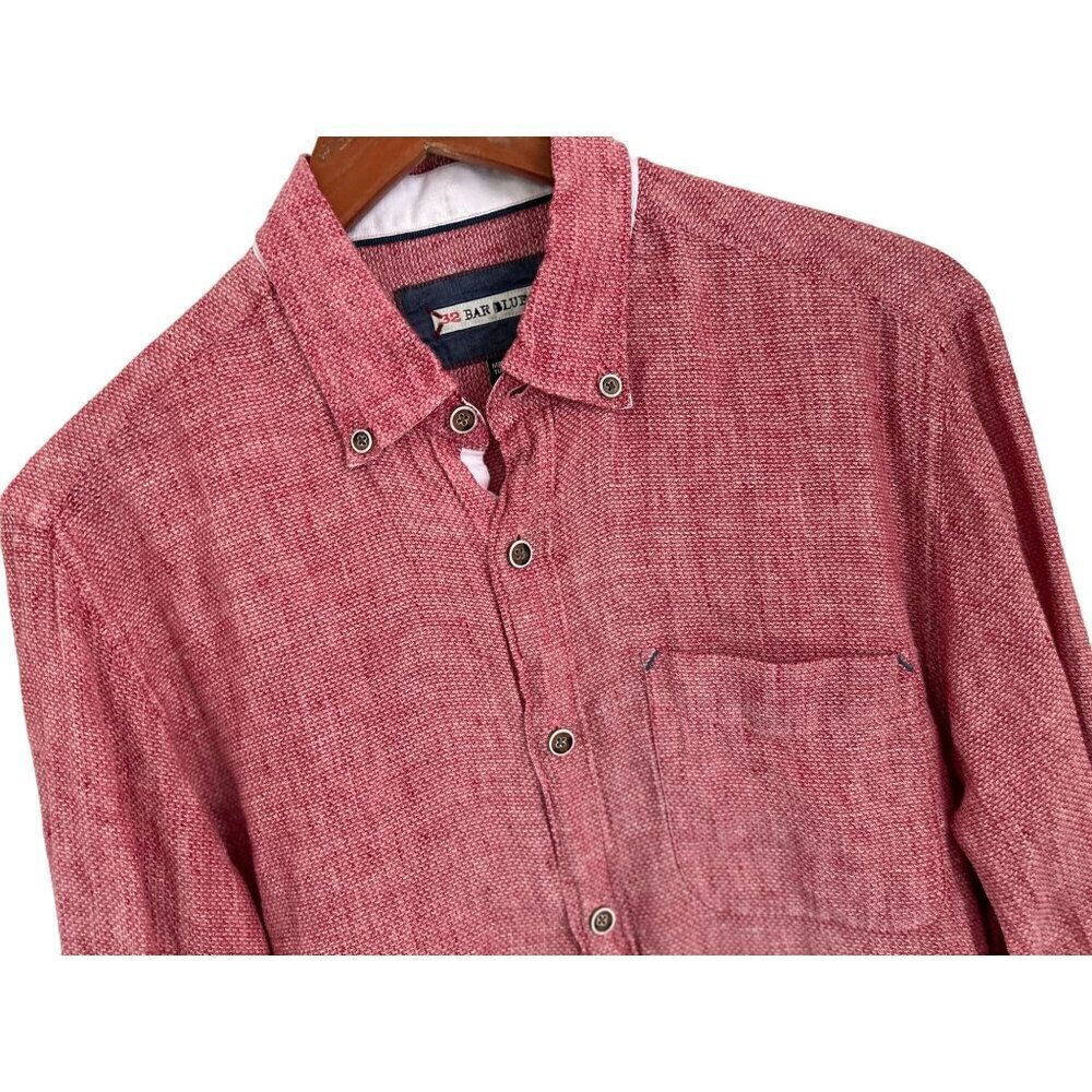 32 Bar Blues Shirt Linen Blend Textured Red Long Sleeve Pocket Size - Small